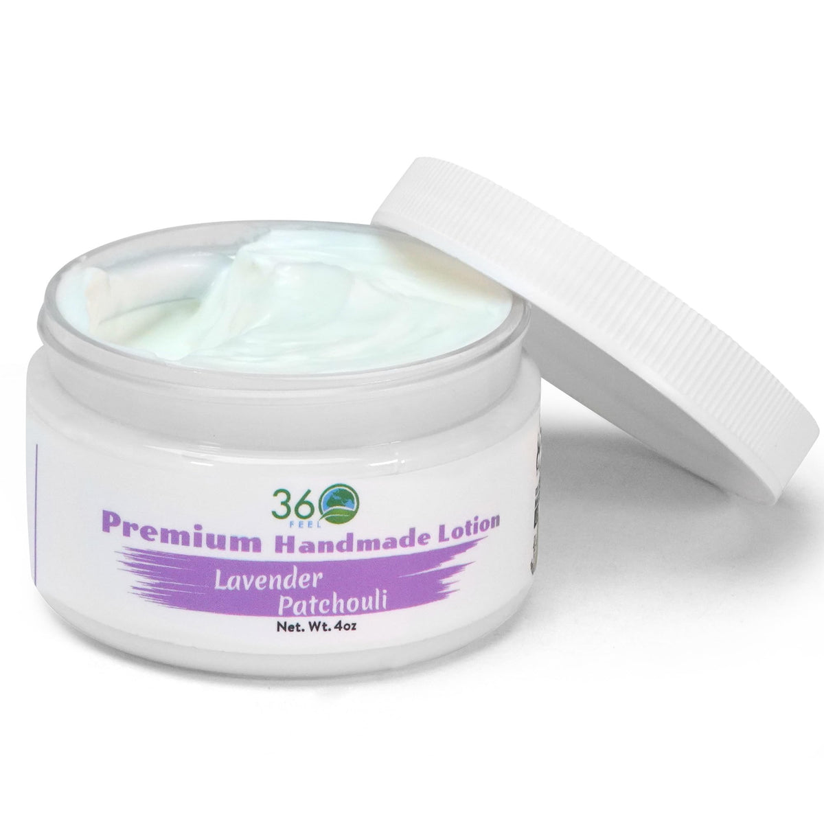 360Feel Lavender Patchouli Lotion bottle demonstrates lightweight hydration for sensitive skin.