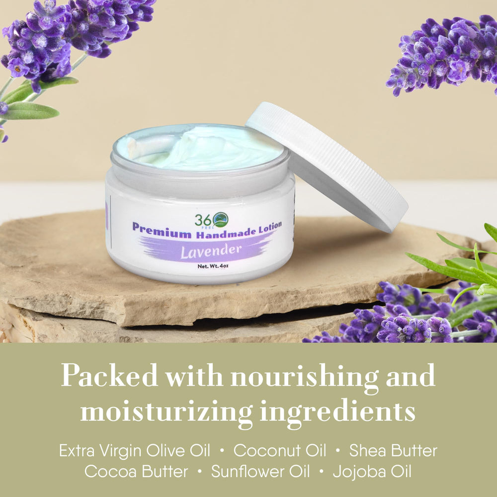 360Feel Lavender Patchouli Lotion label shows plant-based ingredients and USA handmade origin.