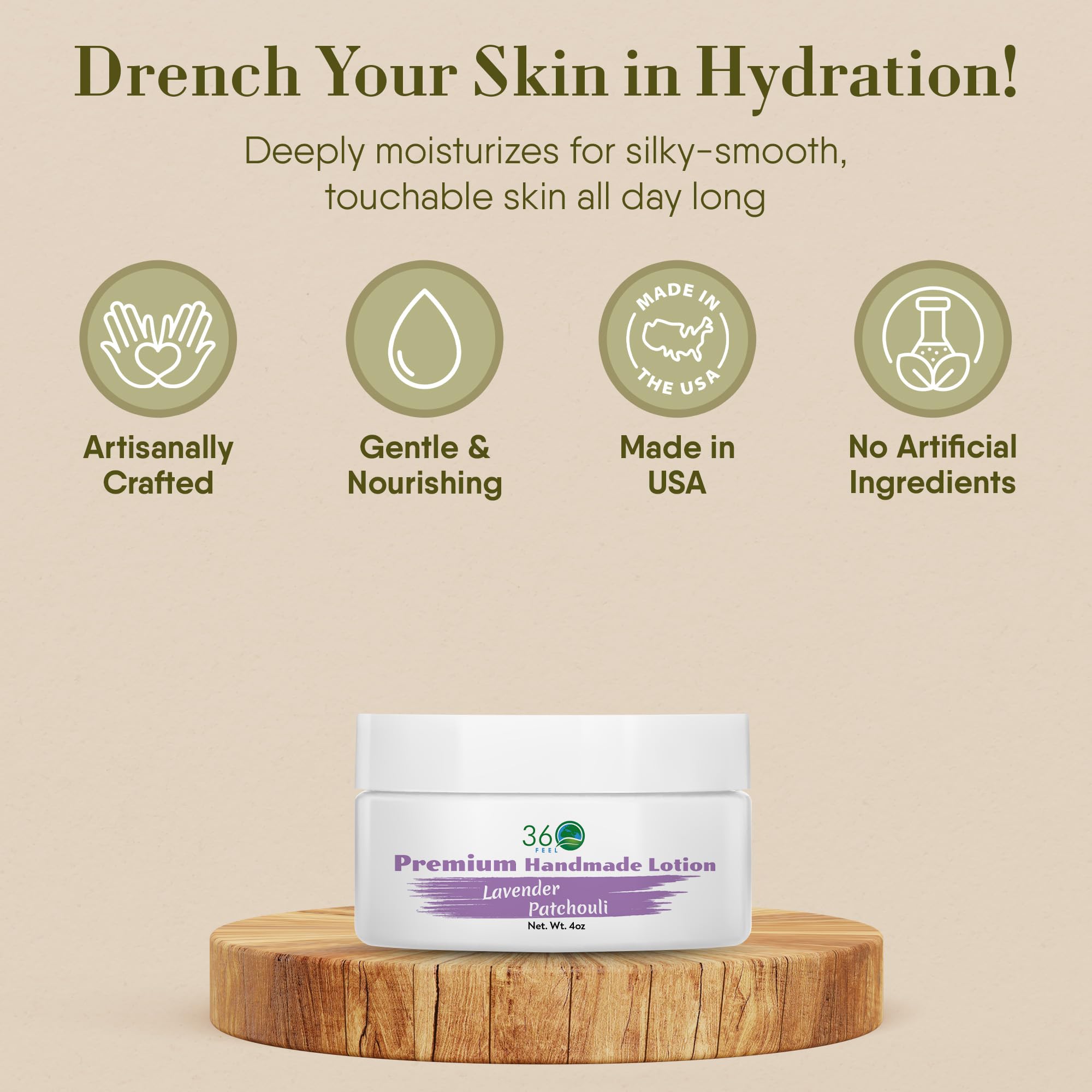 360Feel Lavender Patchouli Lotion texture closeup highlights non-greasy, quick-absorb formula.