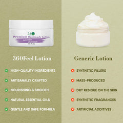 360Feel Lavender Patchouli Lotion USA-made badge reinforces small-batch quality.