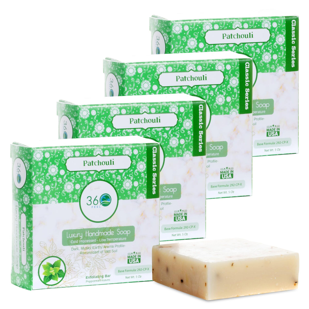 360Feel Patchouli Bar Soap packaging showcases USA-made craft