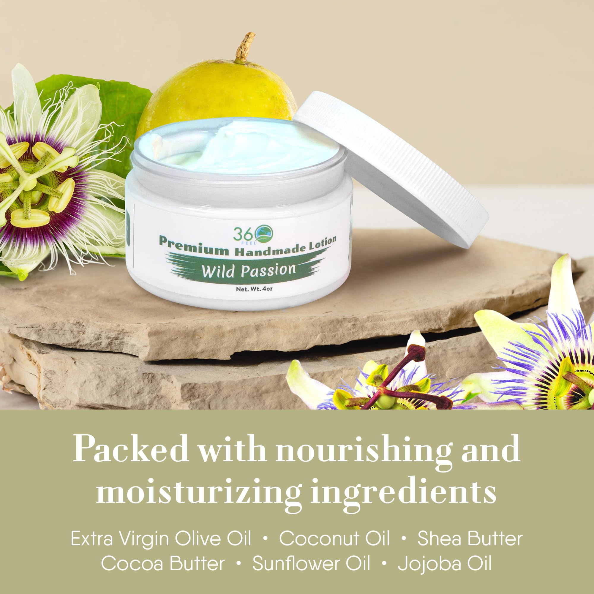 360Feel Wild Passion lotion dispensing image emphasizing easy, mess-free application