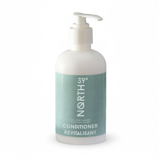 39° North conditioner bottle pouring with eucalyptus-lavender aroma for a refreshing daily routine.