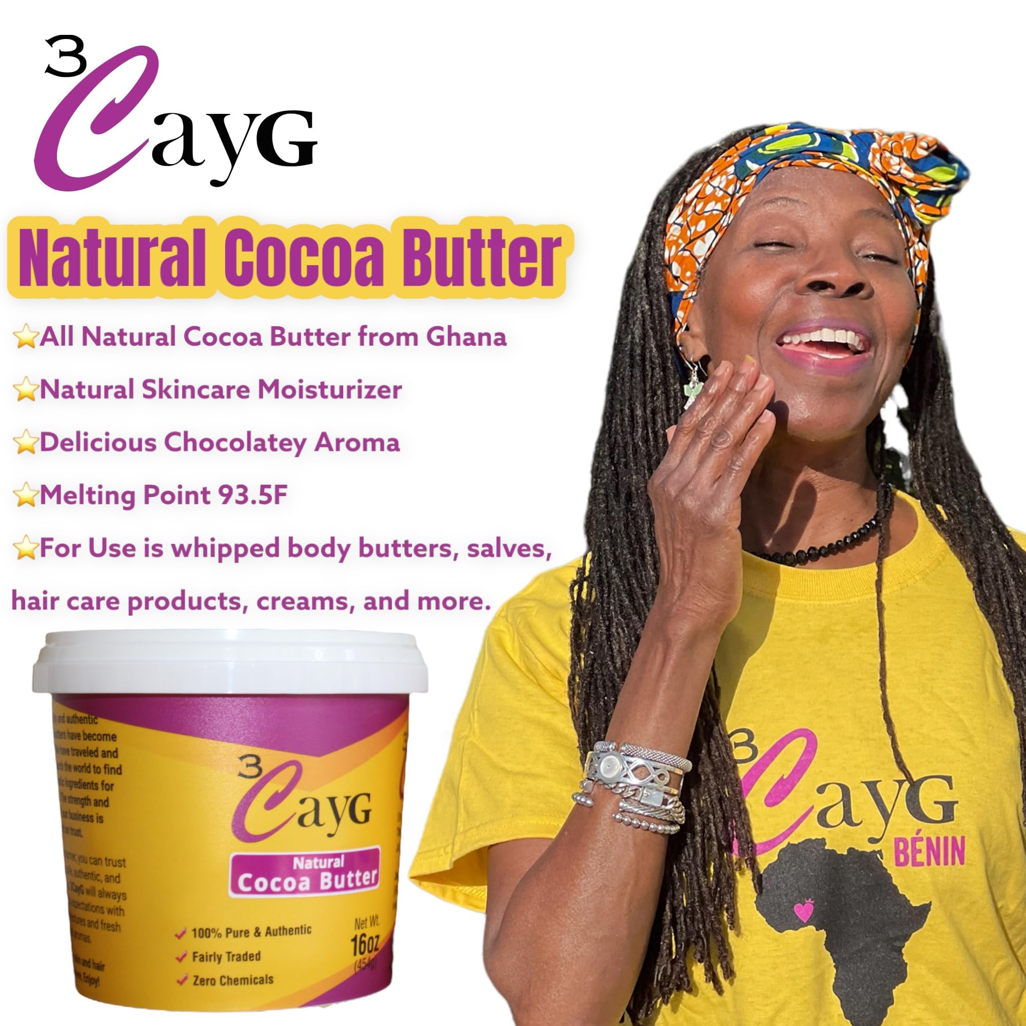3CAYG Cocoa Butter on skin application for smoothness.