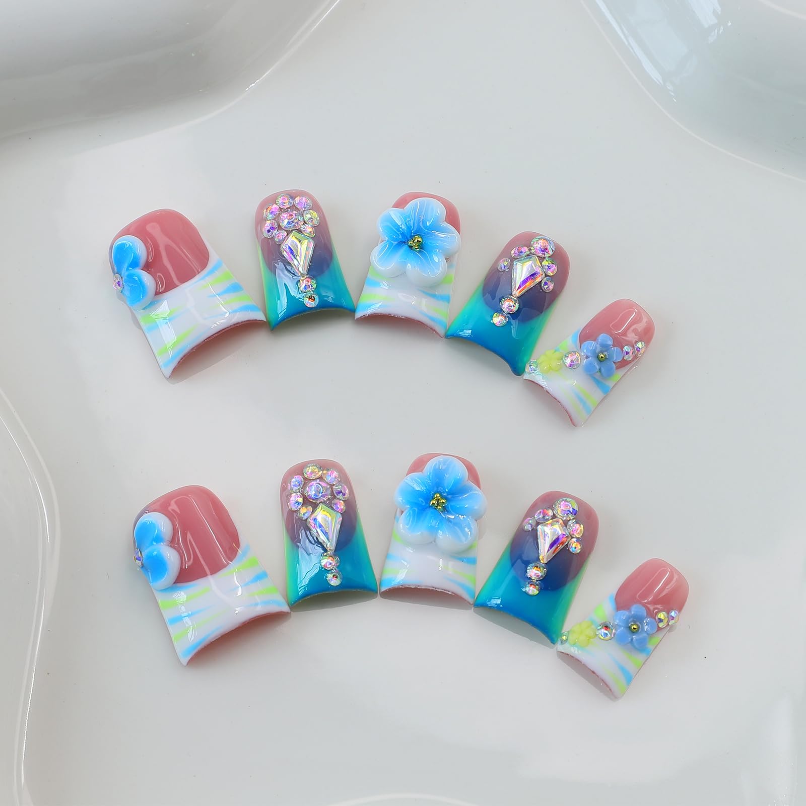 10Pcs Blue Flower Press On Nails with 3D flower rhinestones for subtle sparkle.