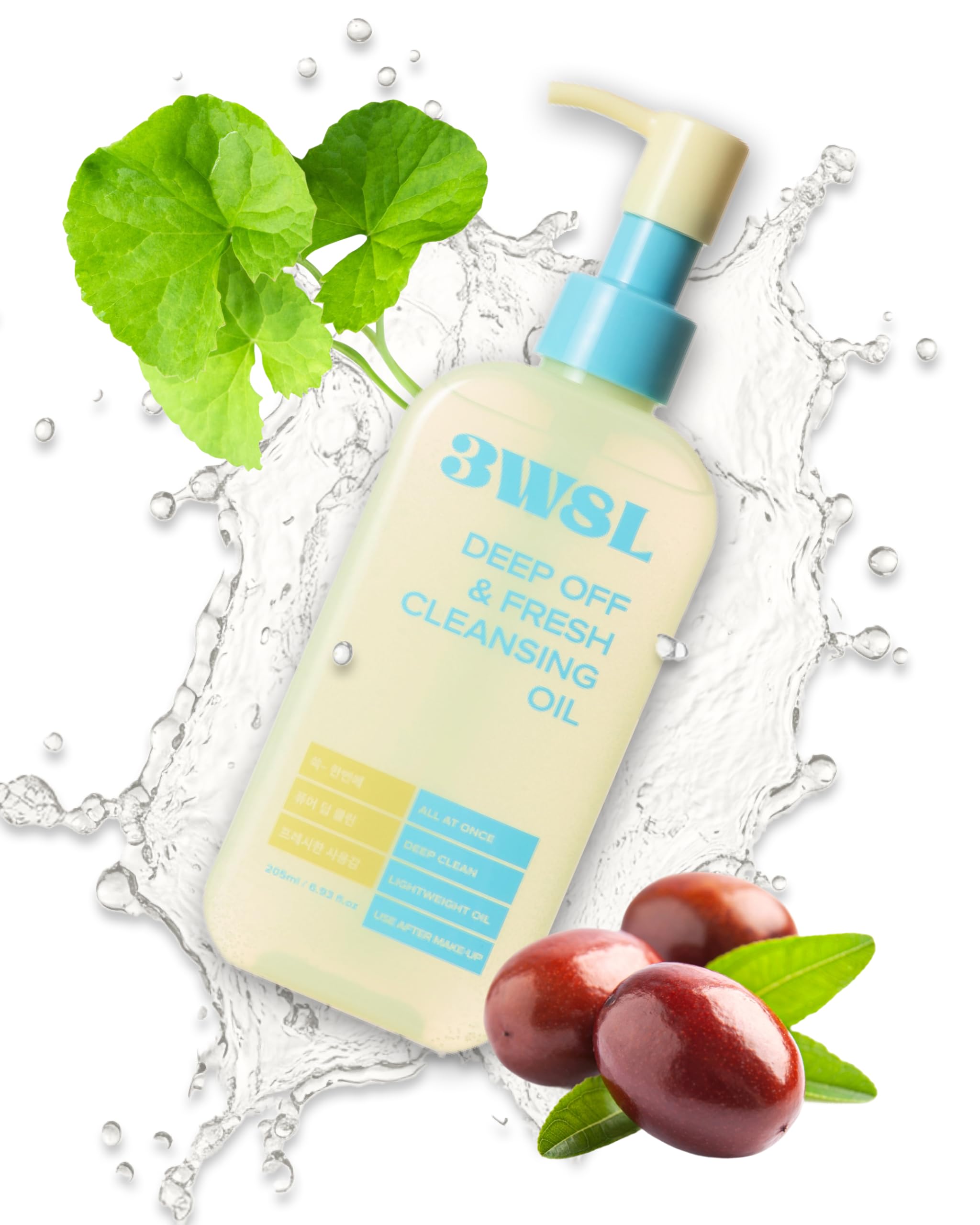3W8L Deep Off & Fresh cleansing oil bottle demonstrates fast emulsification for makeup removal