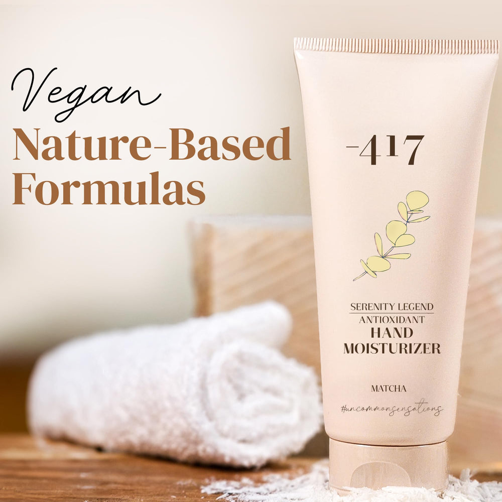 417 Minus Matcha hand moisturizer packaging emphasizes natural, eco-friendly packaging