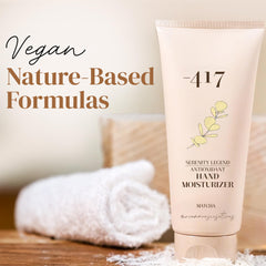 417 Minus Matcha hand moisturizer packaging emphasizes natural, eco-friendly packaging