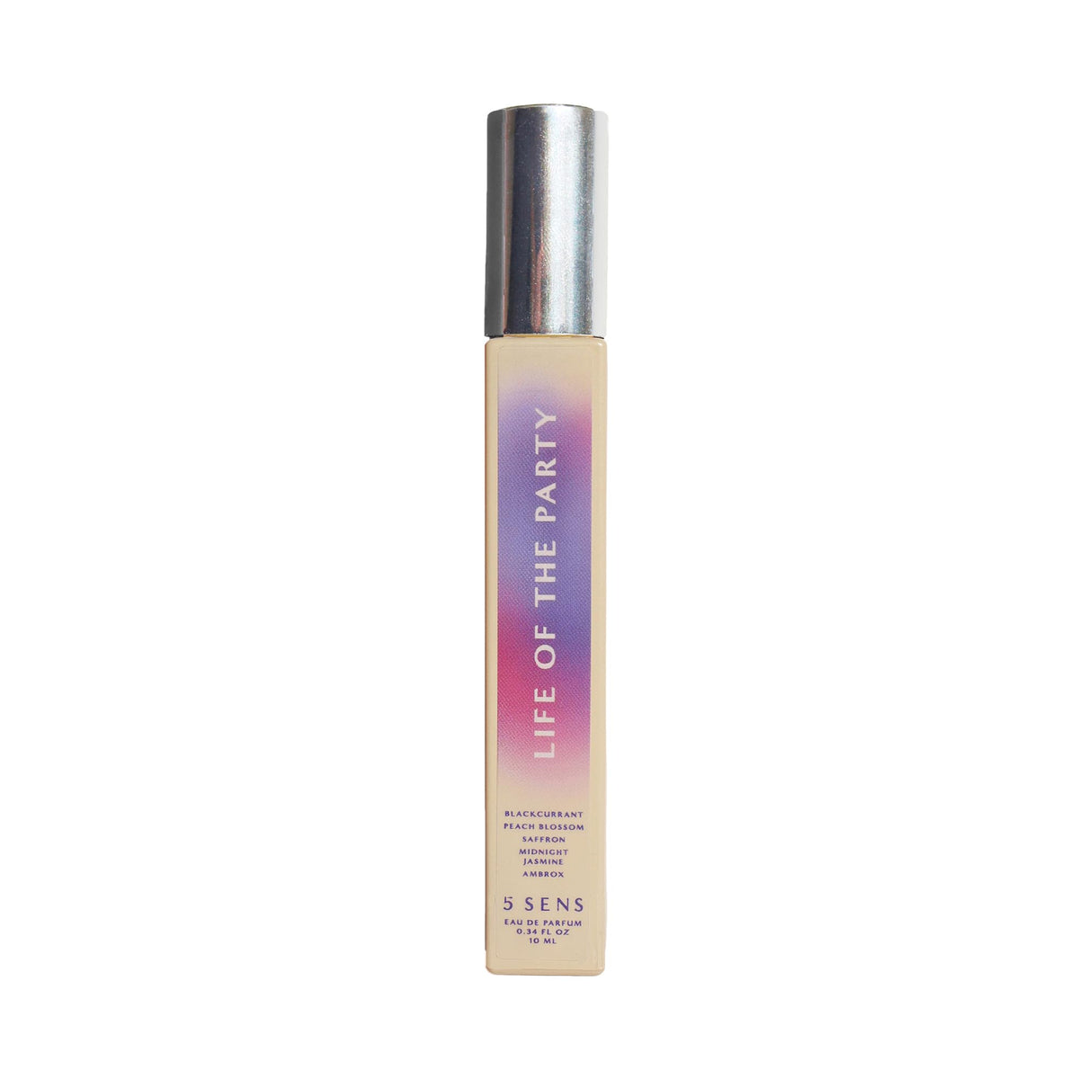 5 SENS Life of the Party travel spray bottle front view showcases a vibrant fruity floral scent
