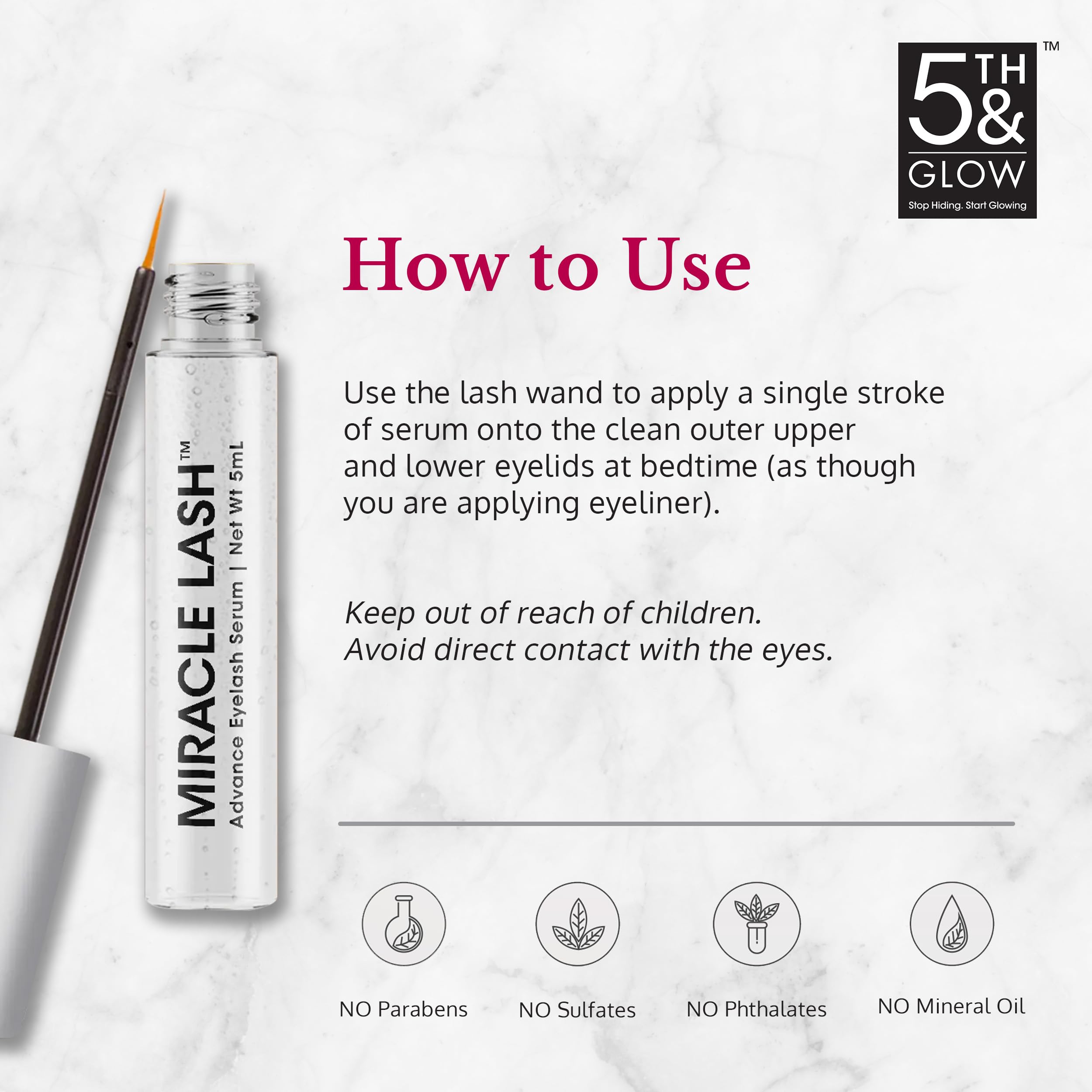 5th and Glow Miracle Lash serum packaging box highlighting brand quality.