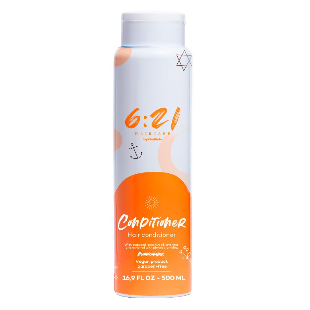621 Haircare coconut oil conditioner bottle, hydrating formula for smoother, frizz-free hair.