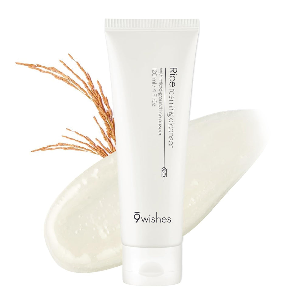 9 wishes Rice Foaming Cleanser bottle close-up for gentle daily exfoliation