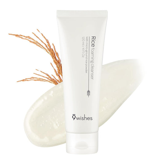 9 wishes Rice Foaming Cleanser bottle close-up for gentle daily exfoliation