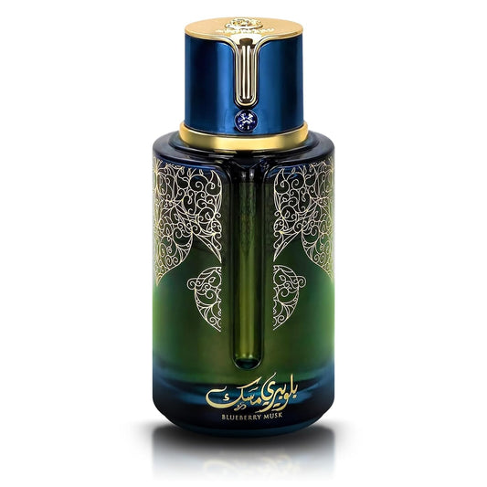 9 O'CLOCK BlueBerry Musk bottle cap highlights premium packaging and premium feel.