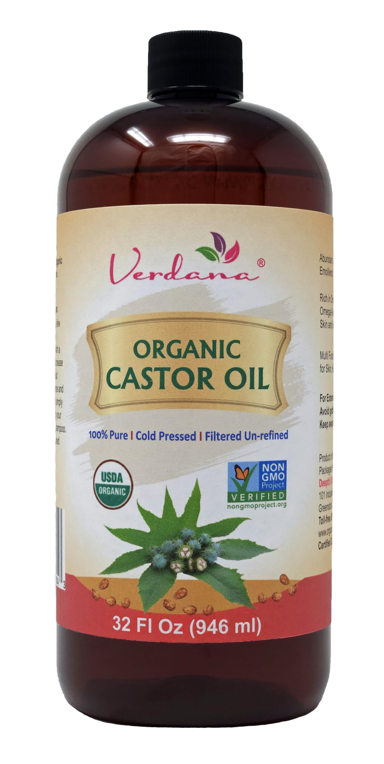 Verdana Organic Castor Oil bottle closeup highlights pure cold-pressed formula for hair care.