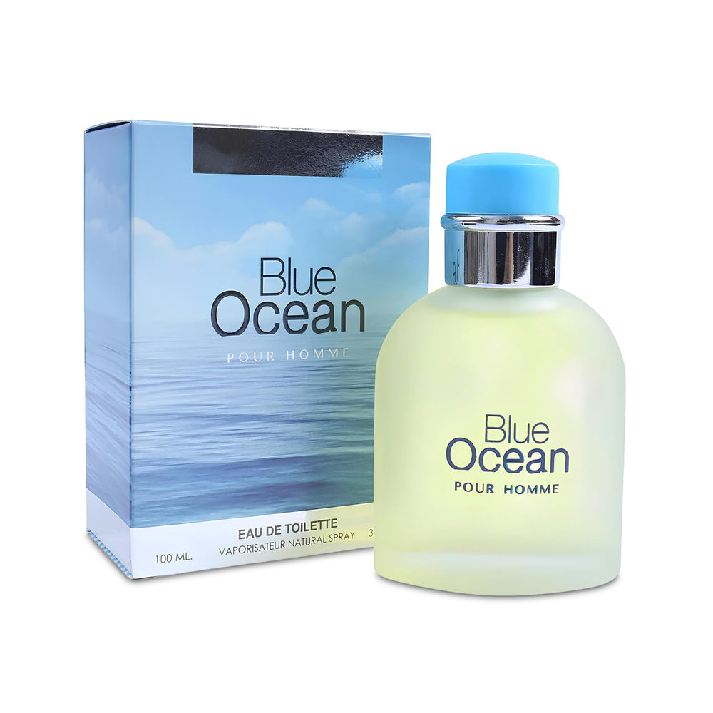A Center Blue Ocean bottle front view, featuring a fresh, masculine scent for daily wear