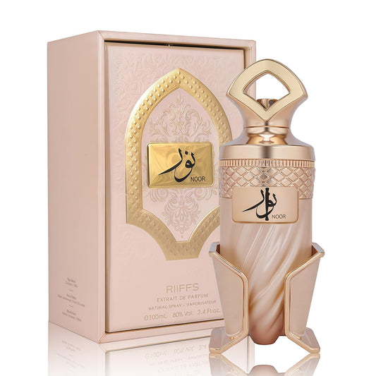A CENTER Noor bottle with caramel swirls adds dessert-inspired luxury to evening wear.