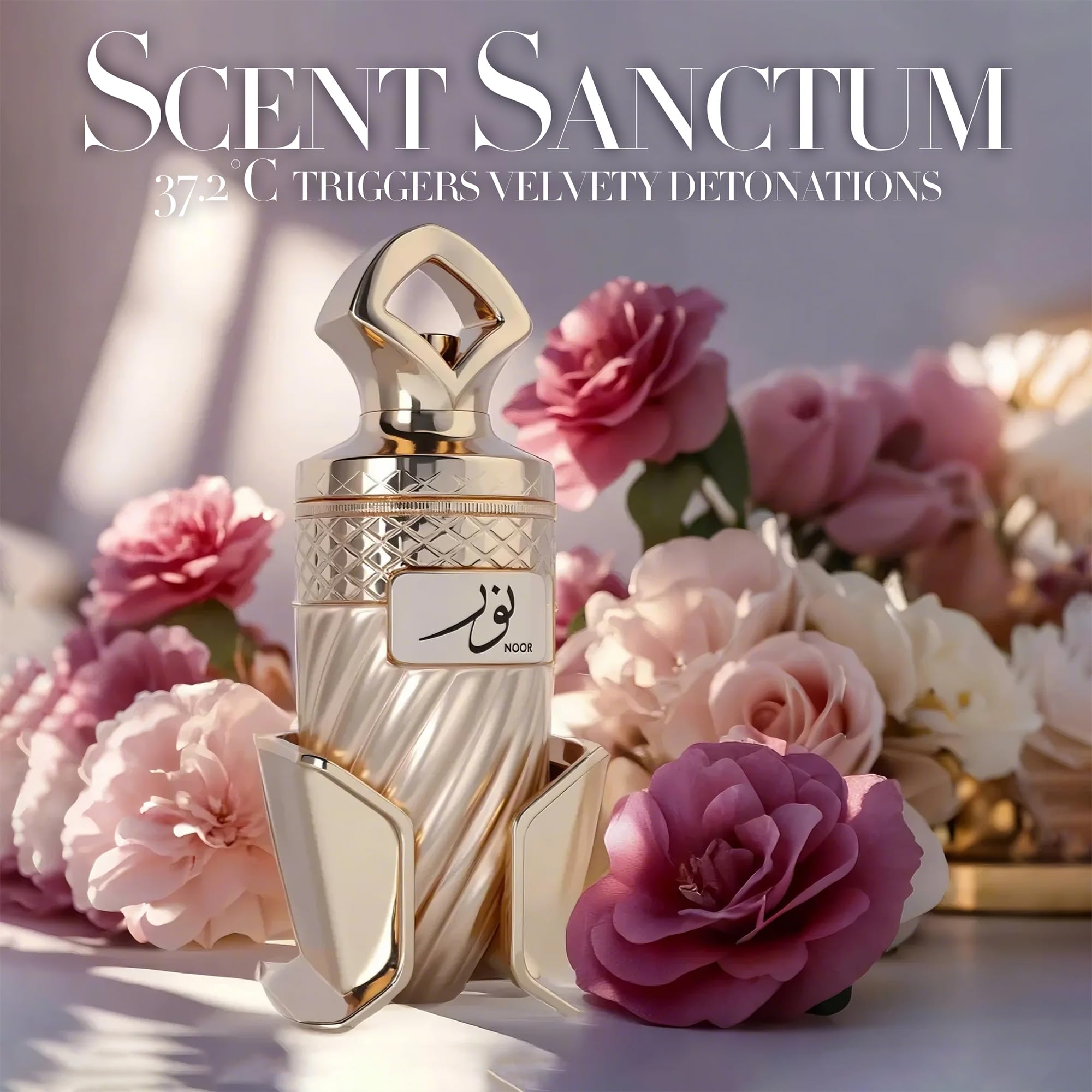 Luxurious Noor bottle with frosted glass and caramel swirl enhances shelf appeal.