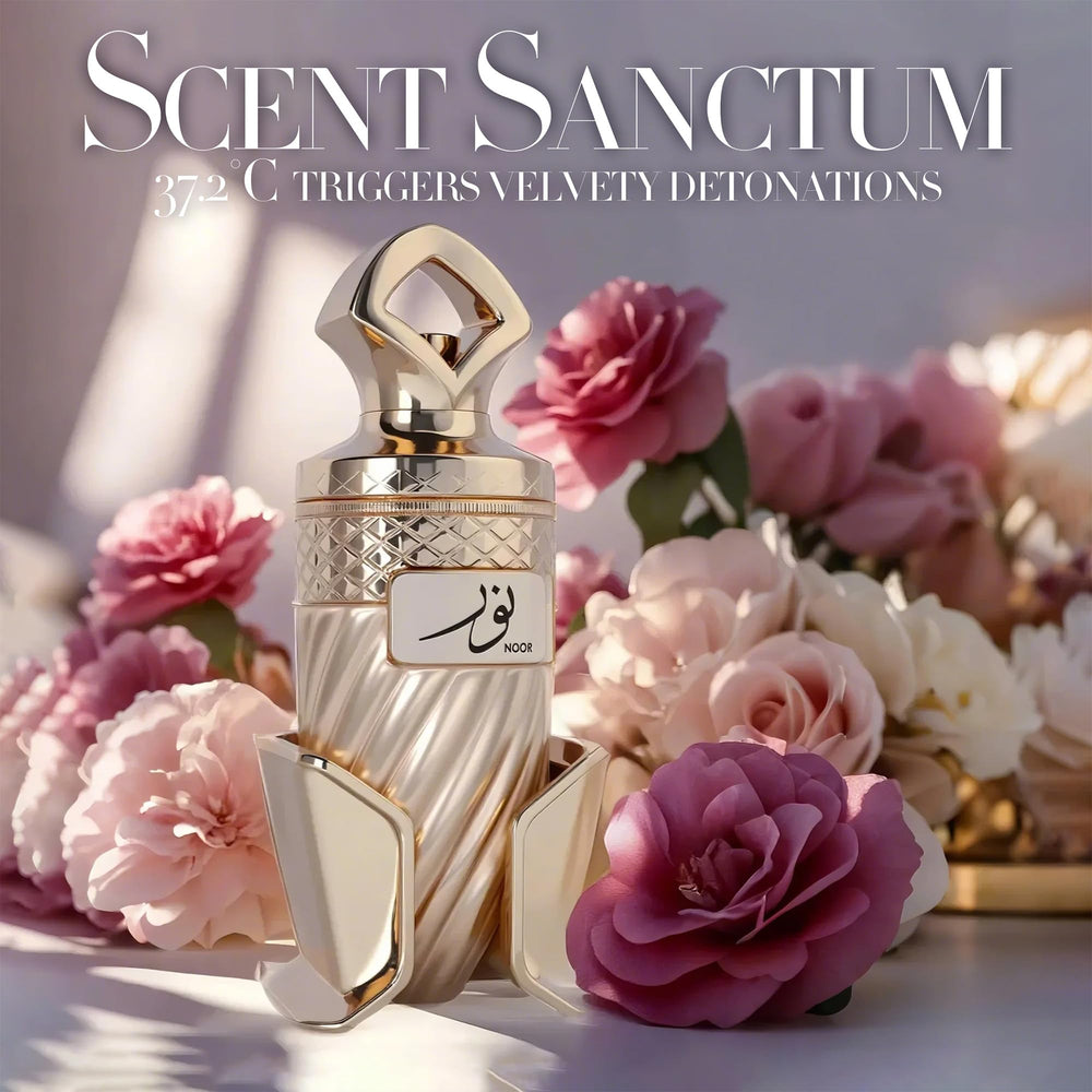 Luxurious Noor bottle with frosted glass and caramel swirl enhances shelf appeal.