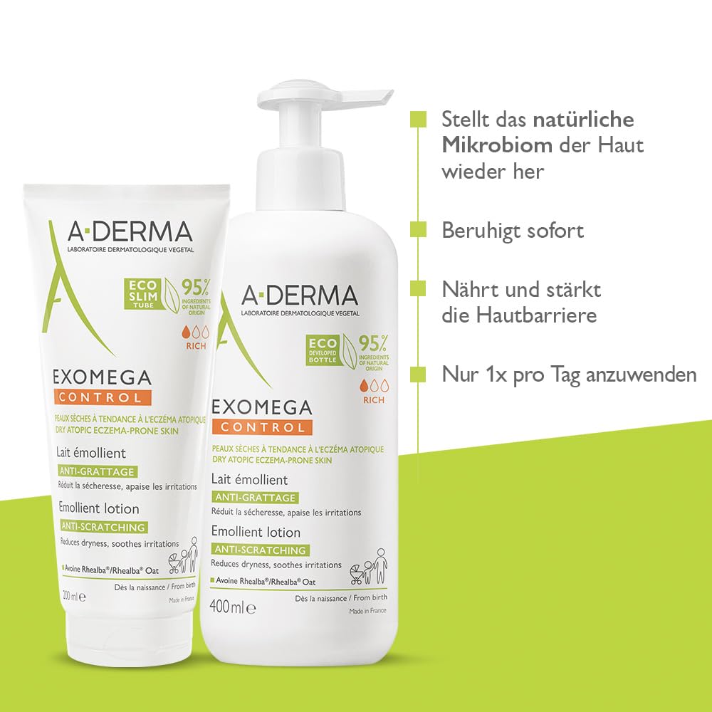 A-Derma Exomega Control Milk shown during a gentle body massage for hydration.