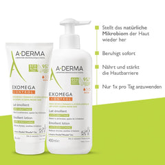 A-Derma Exomega Control Milk shown during a gentle body massage for hydration.