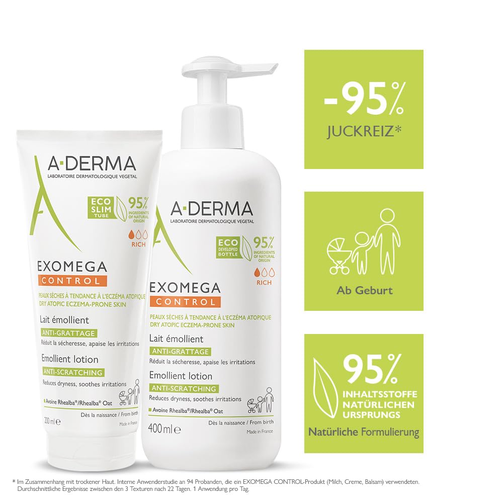 Close-up of A-Derma Exomega Control Milk label highlighting sensitive-skin friendly formulation.