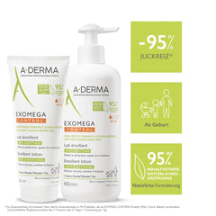 Close-up of A-Derma Exomega Control Milk label highlighting sensitive-skin friendly formulation.