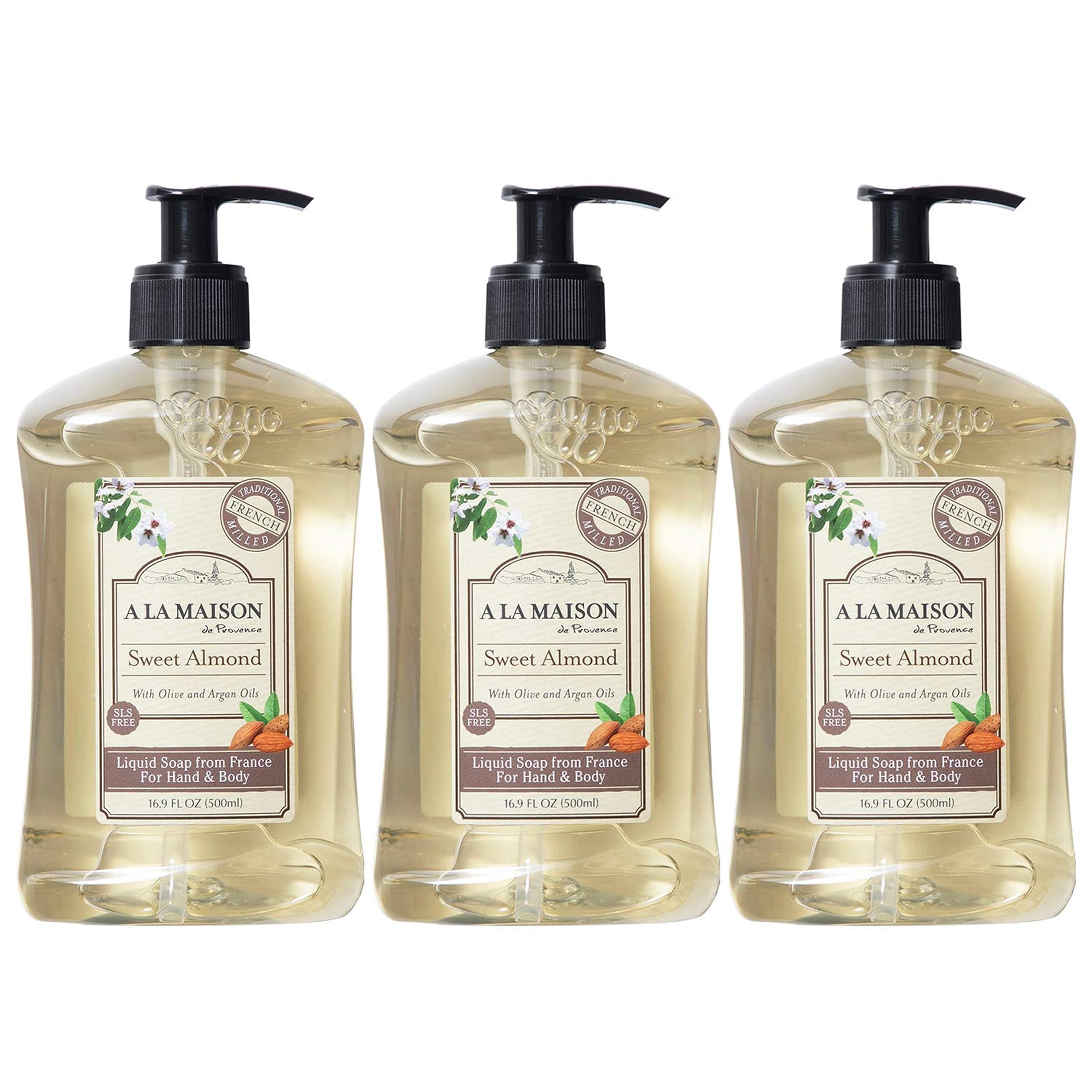 A LA MAISON almond hand soap bottle showing premium French formulation for daily care