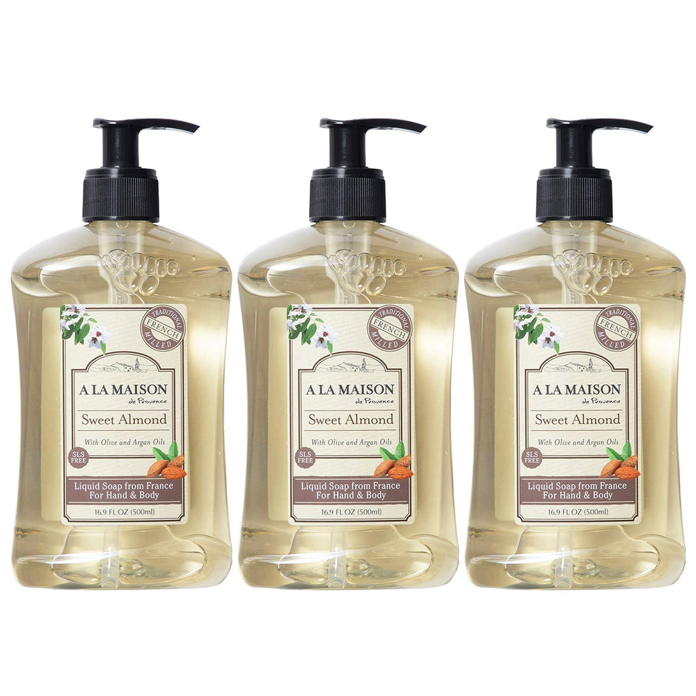 A LA MAISON almond hand soap bottle showing premium French formulation for daily care