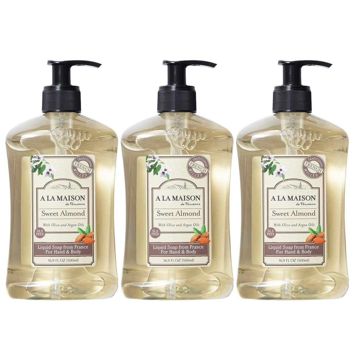A LA MAISON almond hand soap bottle showing premium French formulation for daily care