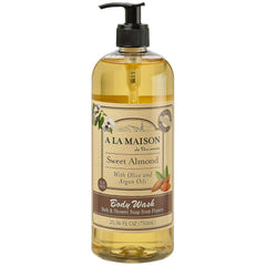 A LA MAISON Sweet Almond body wash bottle front, ideal for daily hydration.