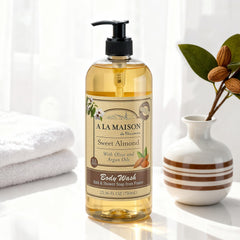 A LA MAISON bottle highlights plant-based oils for skin-softening cleanse.