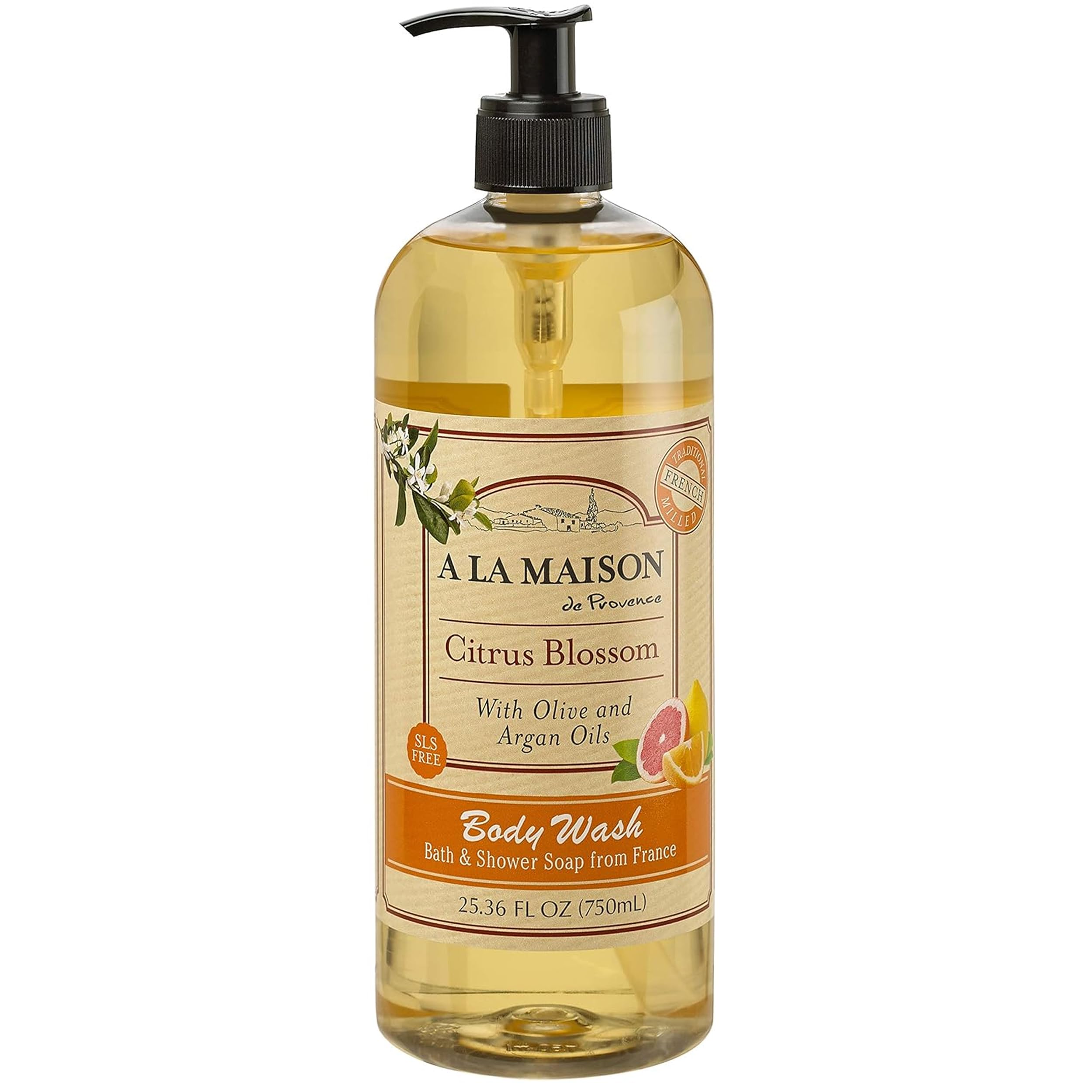 A LA MAISON Citrus Blossom body wash bottle on a bath shelf, refreshing daily cleanse.
