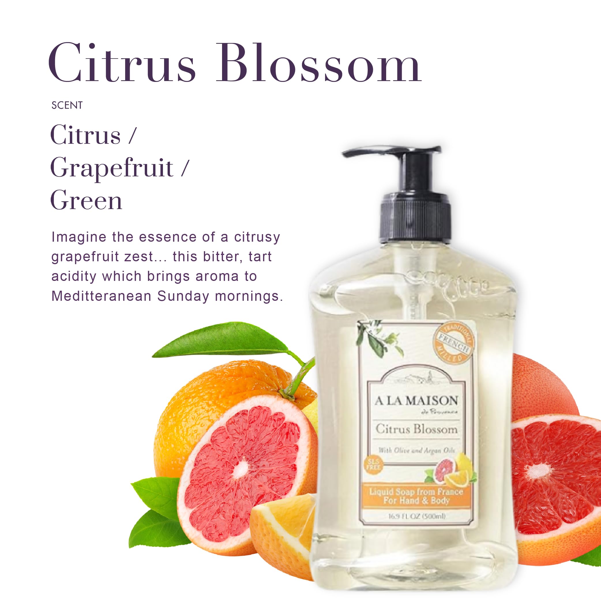 A LA MAISON Citrus Blossom pump bottle demonstrates elegant French design and practical dispensing.
