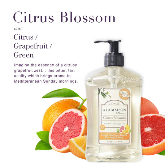 A LA MAISON Citrus Blossom pump bottle demonstrates elegant French design and practical dispensing.