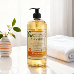 Citrus Blossom liquid texture close up, highlighting moisturizing glycerin for soft skin.
