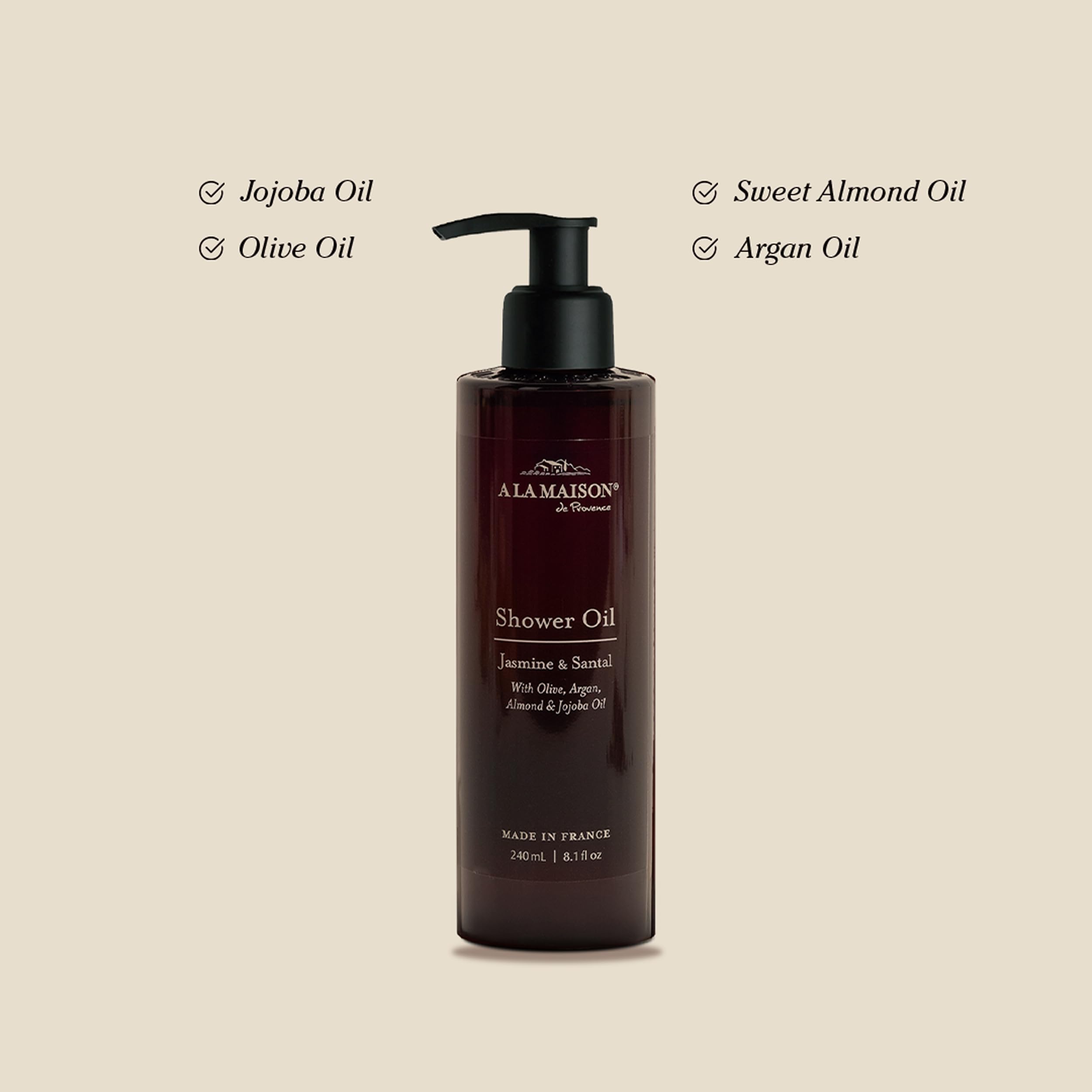 A LA MAISON Jasmine & Santal pour action highlights bottle-focused oil-to-lather transition.