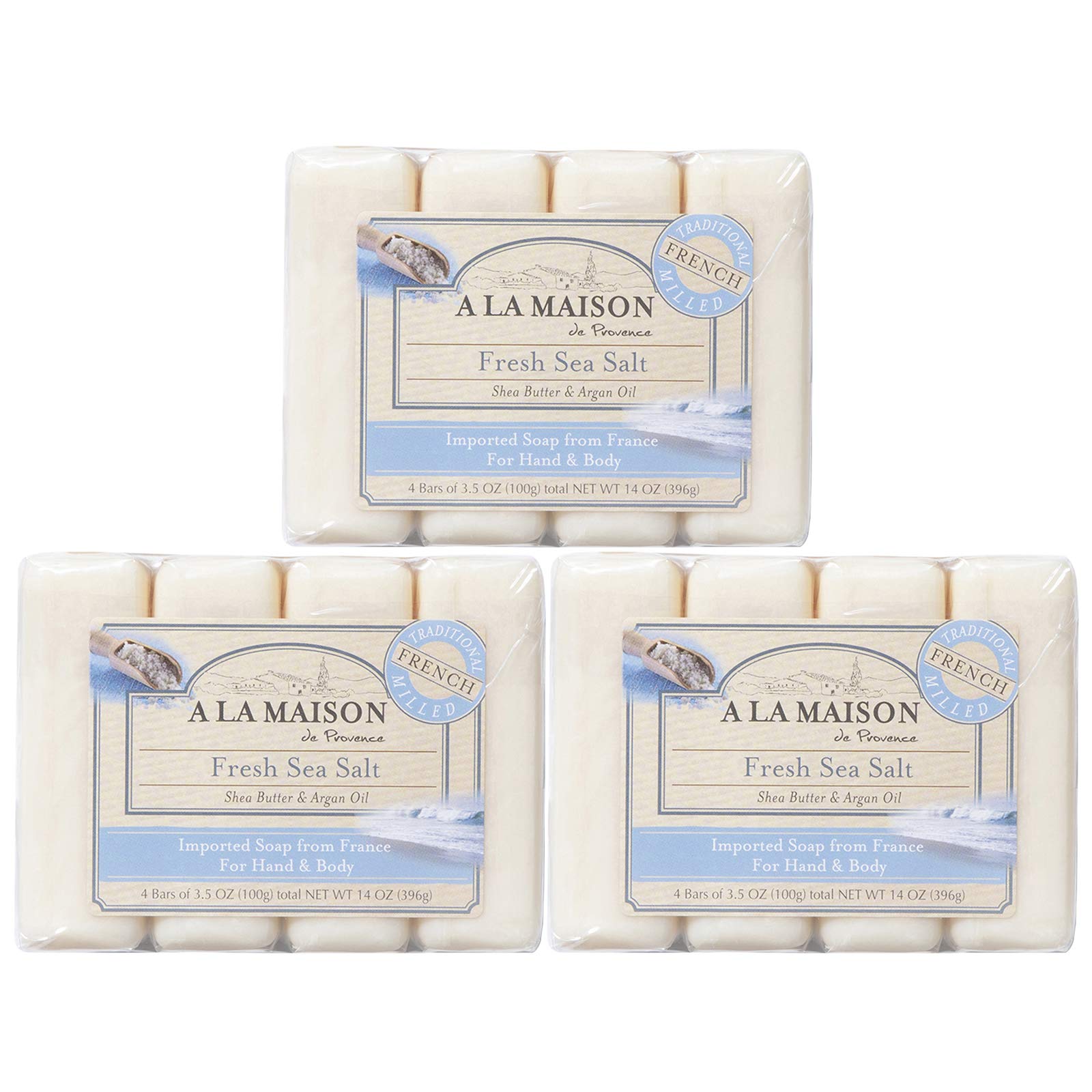 A LA MAISON Fresh Sea Salt soap packaging close-up, eco-friendly branding for daily use.