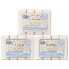 A LA MAISON Fresh Sea Salt soap packaging close-up, eco-friendly branding for daily use.