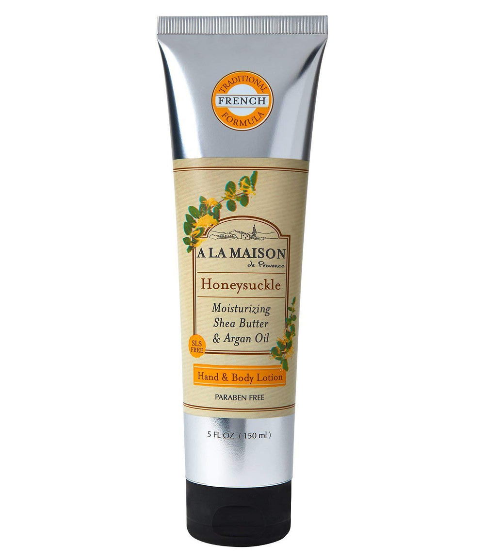 A LA MAISON Honeysuckle Body Lotion bottle for fast-absorbing daily hydration.