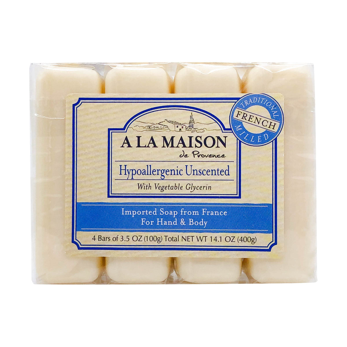 A La Maison hypoallergenic unscented bar soap four bars for sensitive skin.