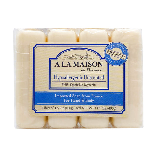 A La Maison hypoallergenic unscented bar soap four bars for sensitive skin.
