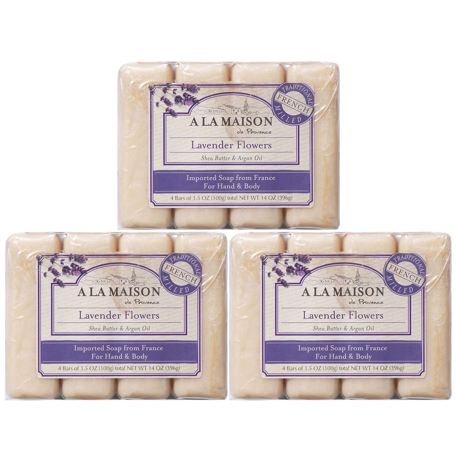 A LA MAISON Lavender Aloe Bar Soap front view showing four bars for natural moisturization