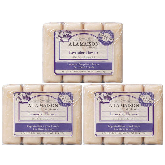 A LA MAISON Lavender Aloe Bar Soap front view showing four bars for natural moisturization