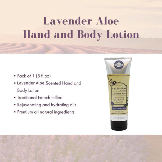 A LA MAISON Lavender Aloe Body Lotion label shows natural ingredients and soothing scent.