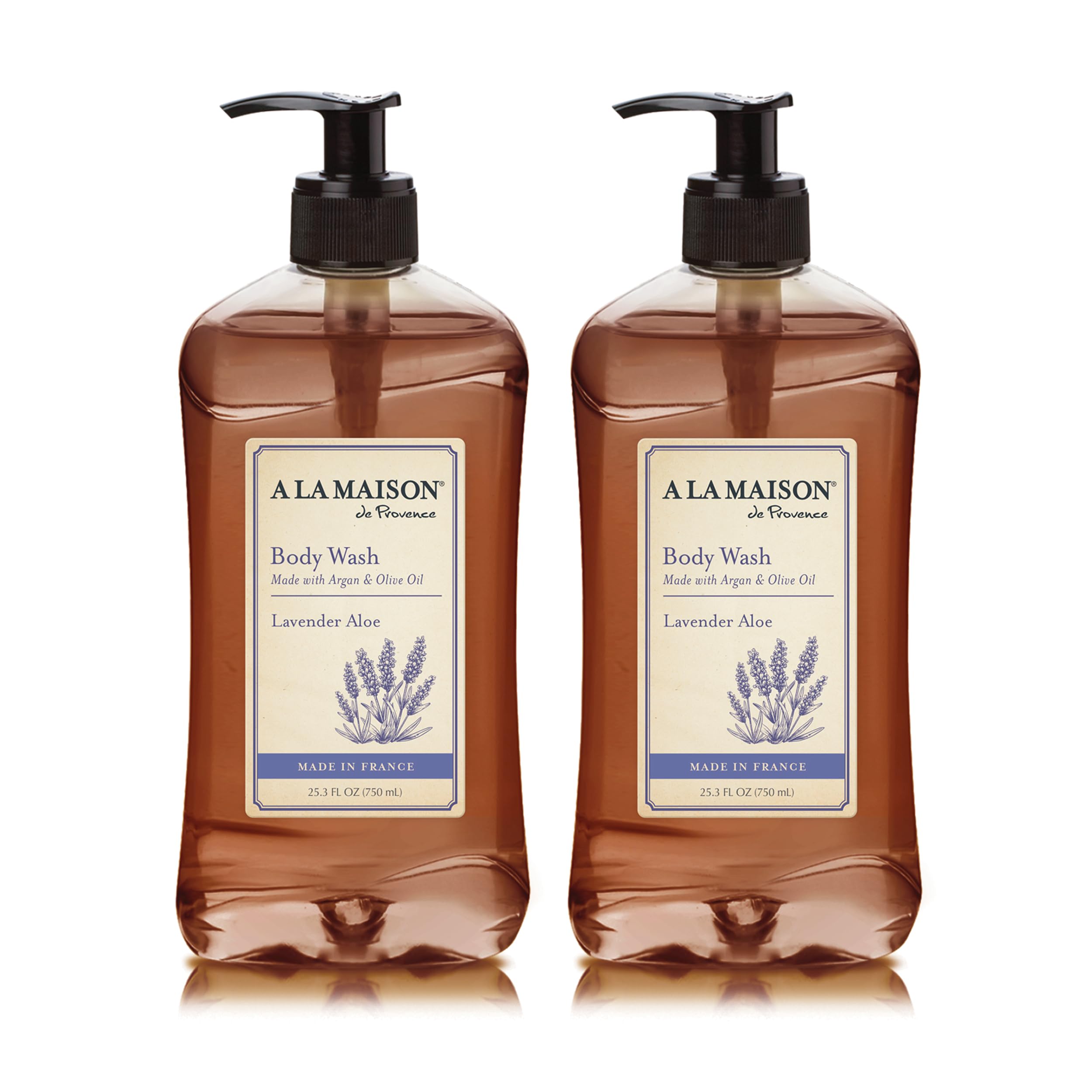 A La Maison Lavender Aloe Body Wash bottle front view, delivers a refreshing, gentle cleanse.