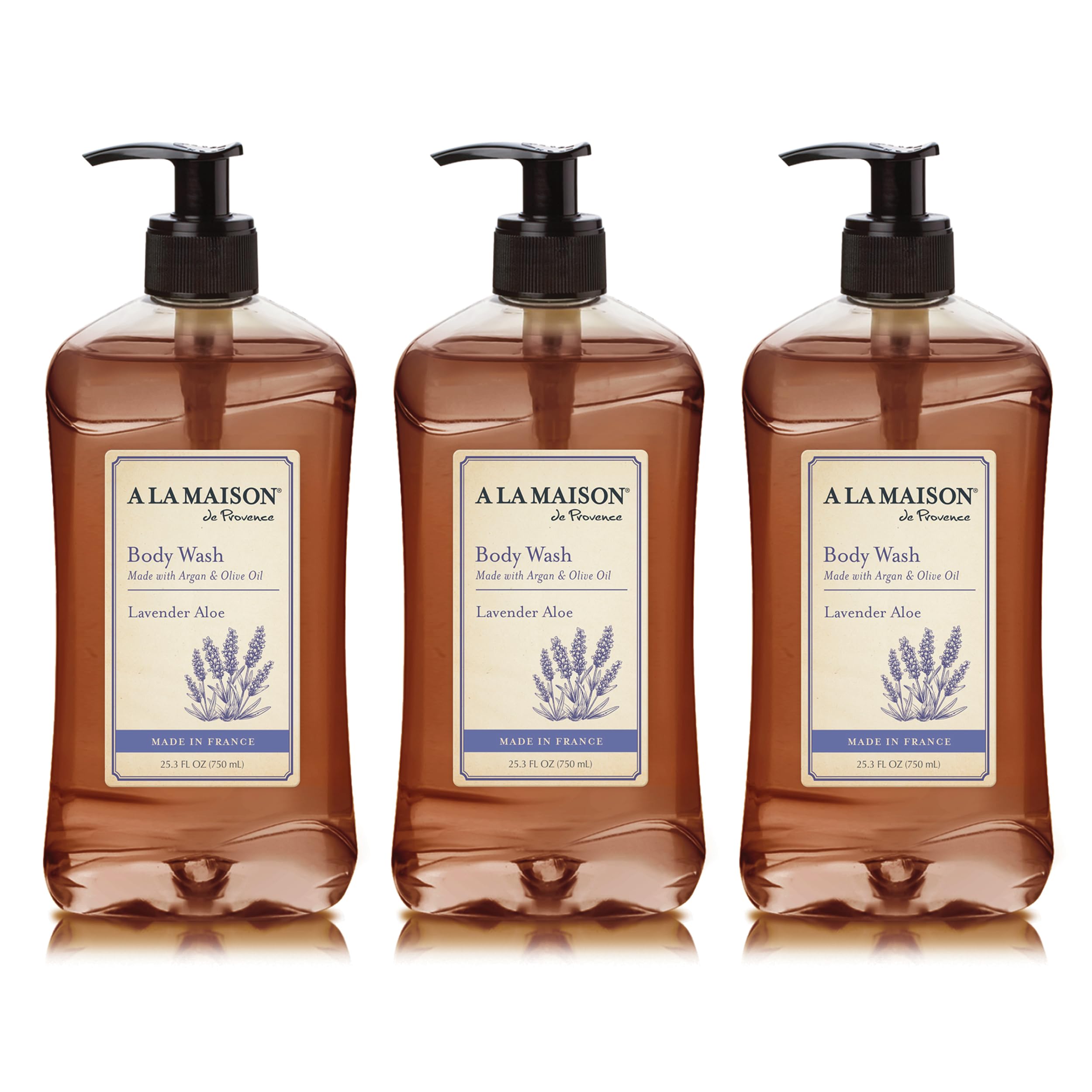 A La Maison Lavender Aloe Body Wash bottle shows gentle cleansing and soothing lavender aroma.
