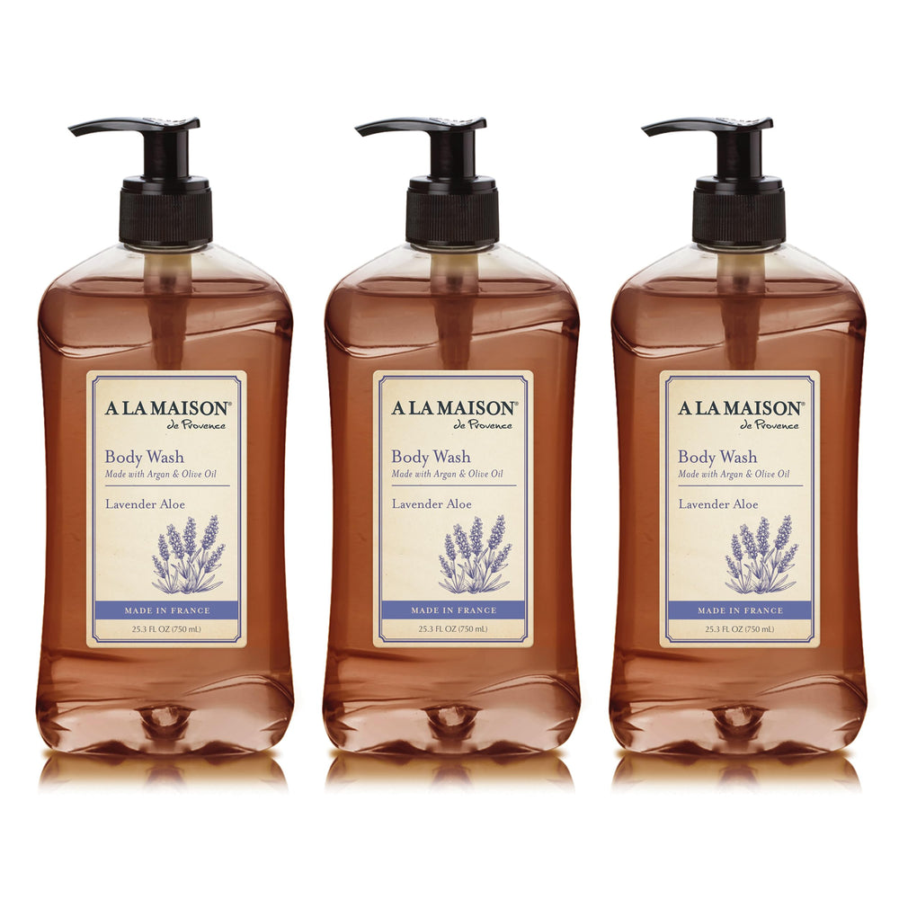A La Maison Lavender Aloe Body Wash bottle shows gentle cleansing and soothing lavender aroma.