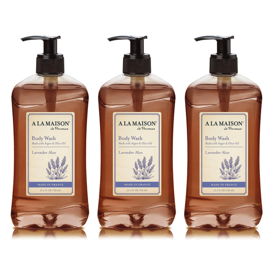 A La Maison Lavender Aloe Body Wash bottle shows gentle cleansing and soothing lavender aroma.