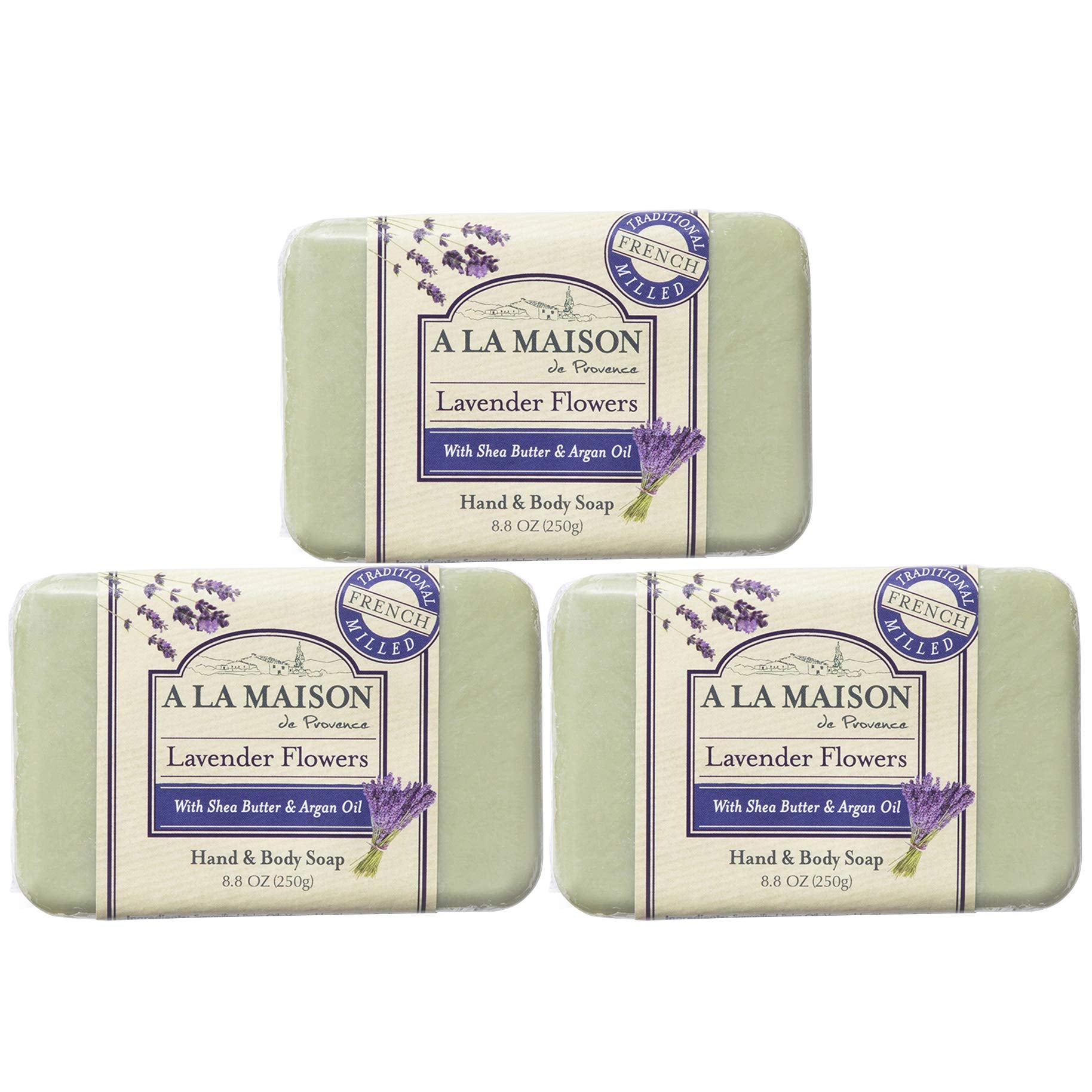 A LA MAISON Lavender Flower Bar Soap pack showing three milled bars for long lasting cleansing